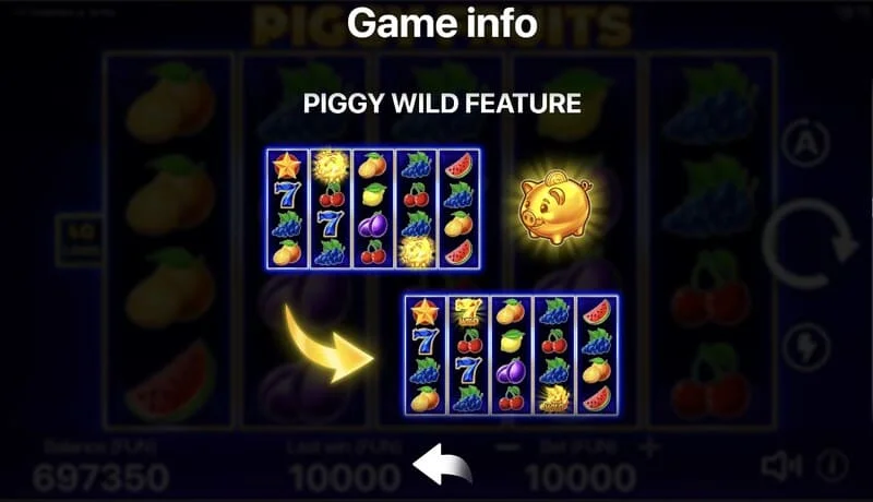 Piggy Fruits - layar game dengan grid 5x4 dan simbol buah